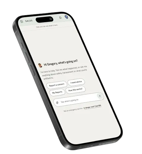 Salus open on a phone, asking what is going on and offering to report a concern.