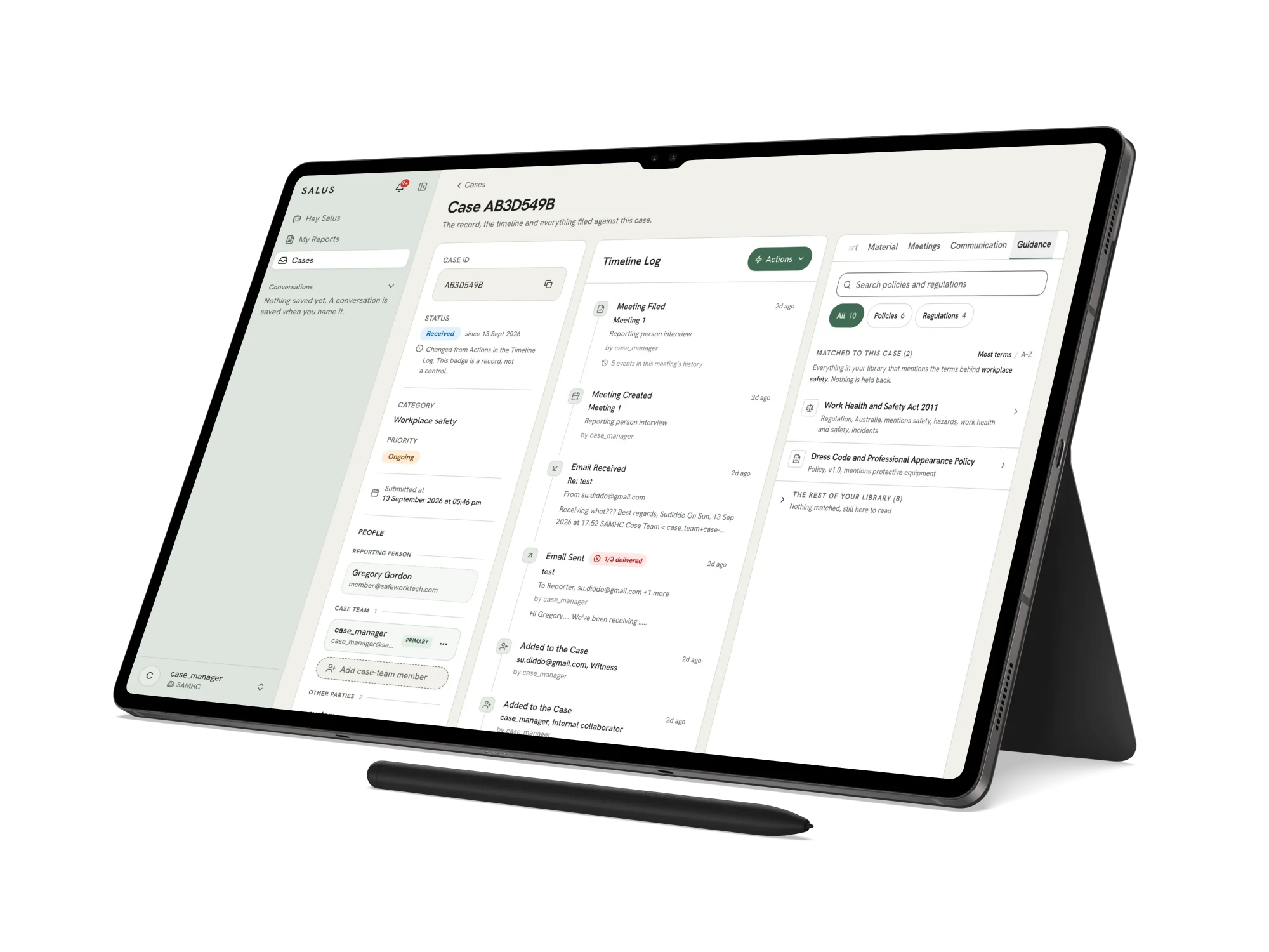 A Salus case on a tablet, matched against the Work Health and Safety Act and organisation policy.