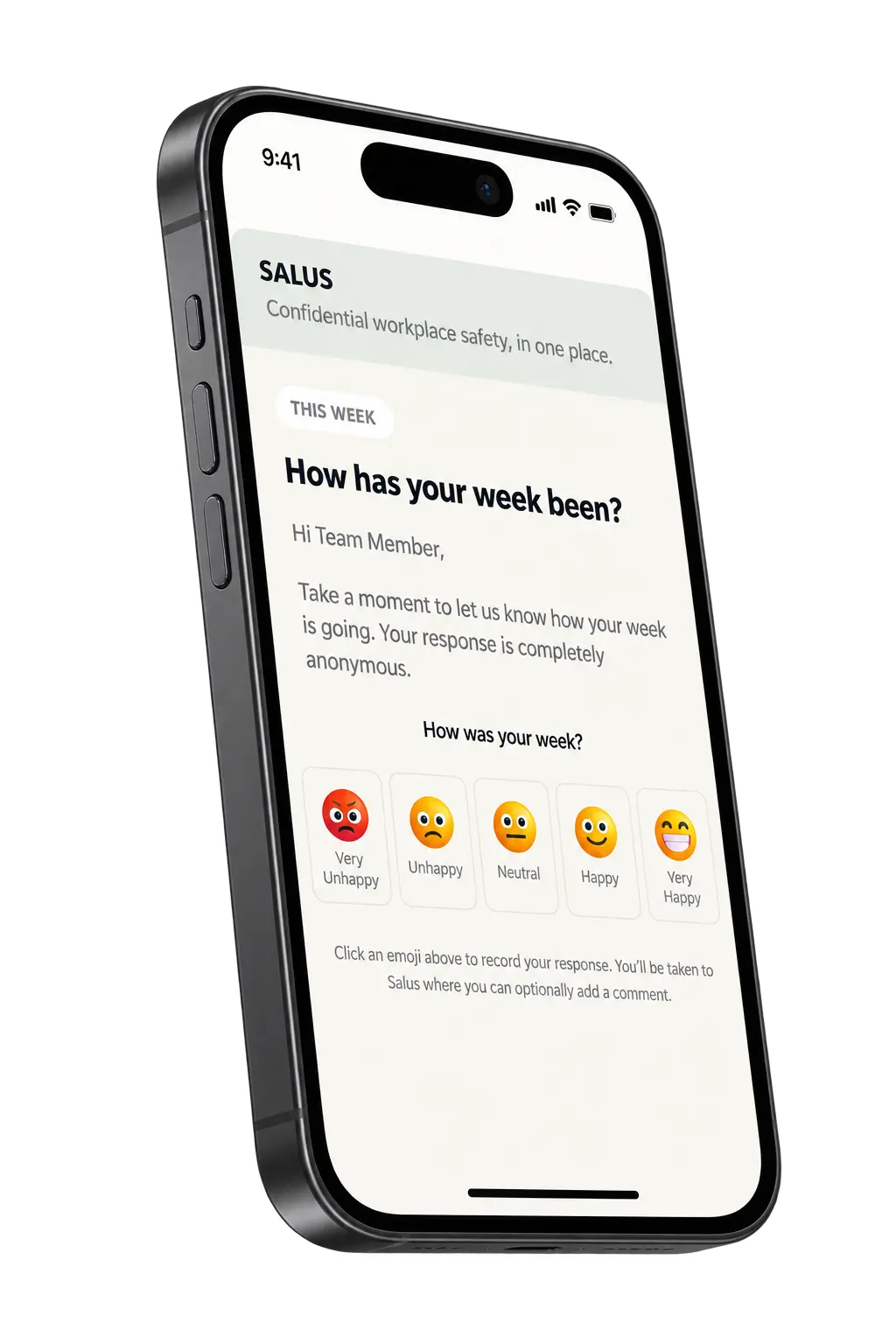 Salus asking how someone's week has been, with five emoji options from very unhappy to very happy.